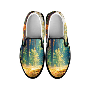 Autumn Forest Print Black Slip On Shoes