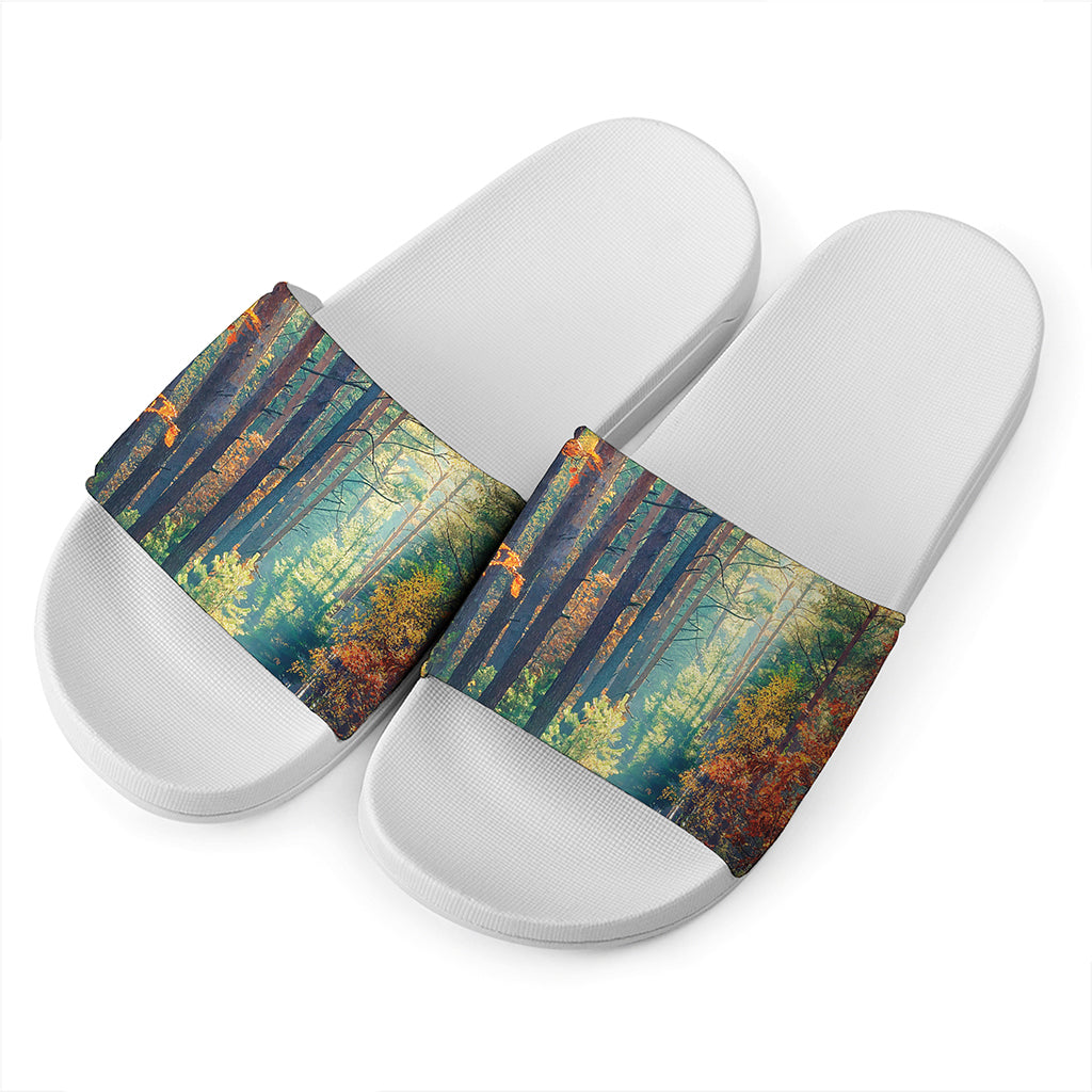 Autumn Forest Print White Slide Sandals