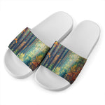 Autumn Forest Print White Slide Sandals