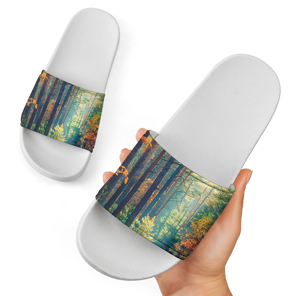 Autumn Forest Print White Slide Sandals