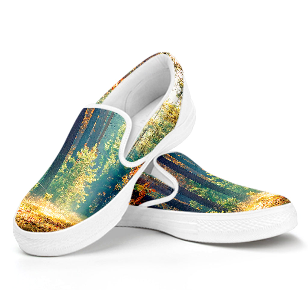 Autumn Forest Print White Slip On Shoes