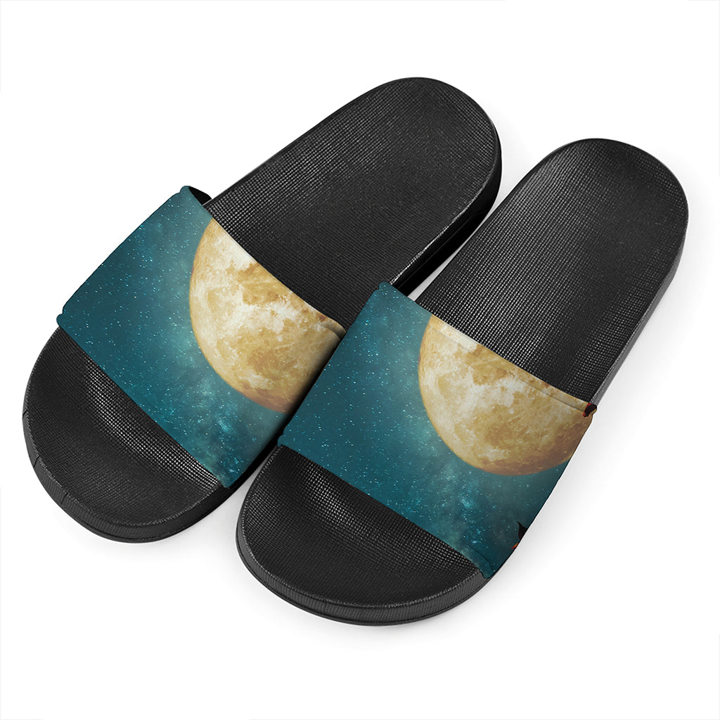 Autumn Full Moon Print Black Slide Sandals