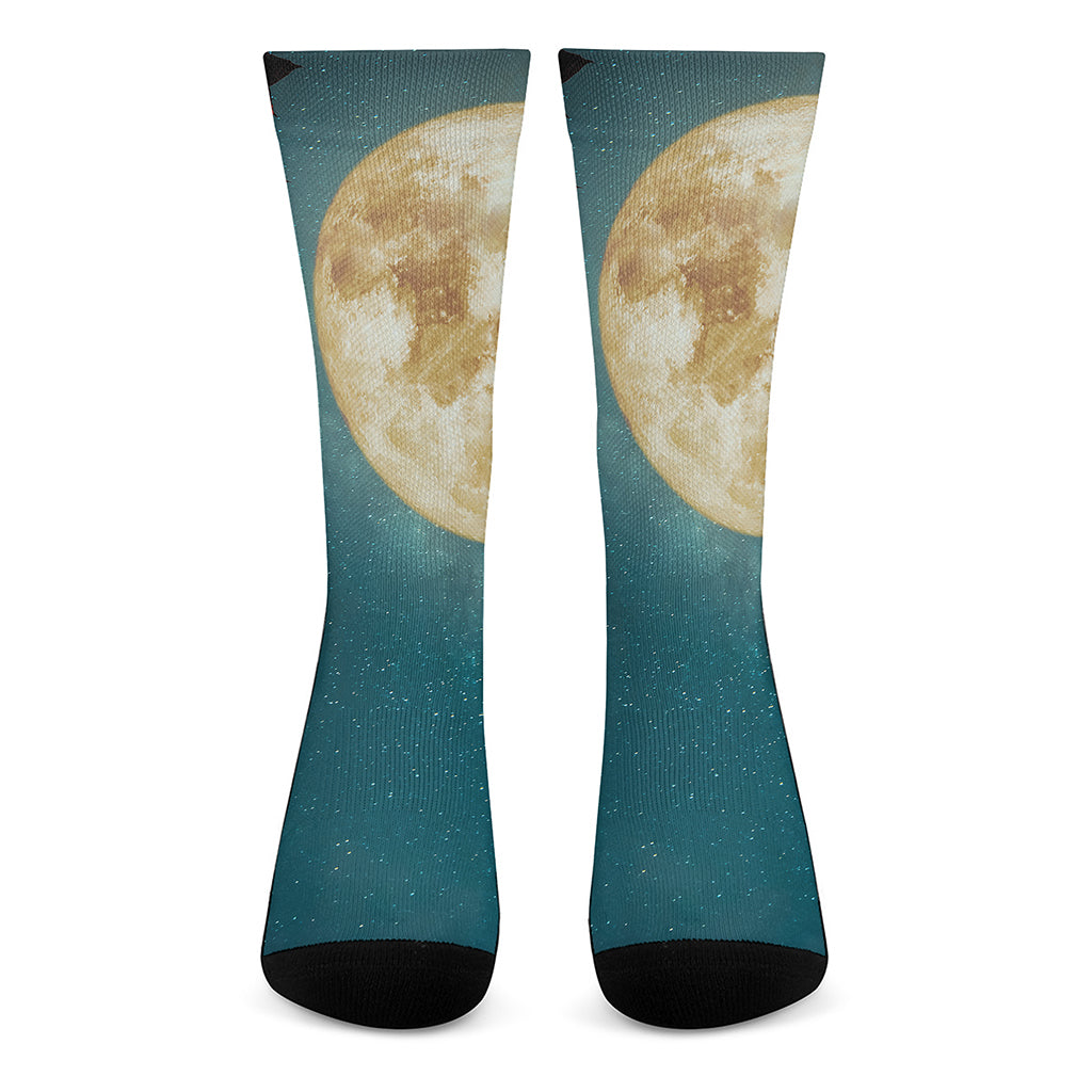 Autumn Full Moon Print Crew Socks