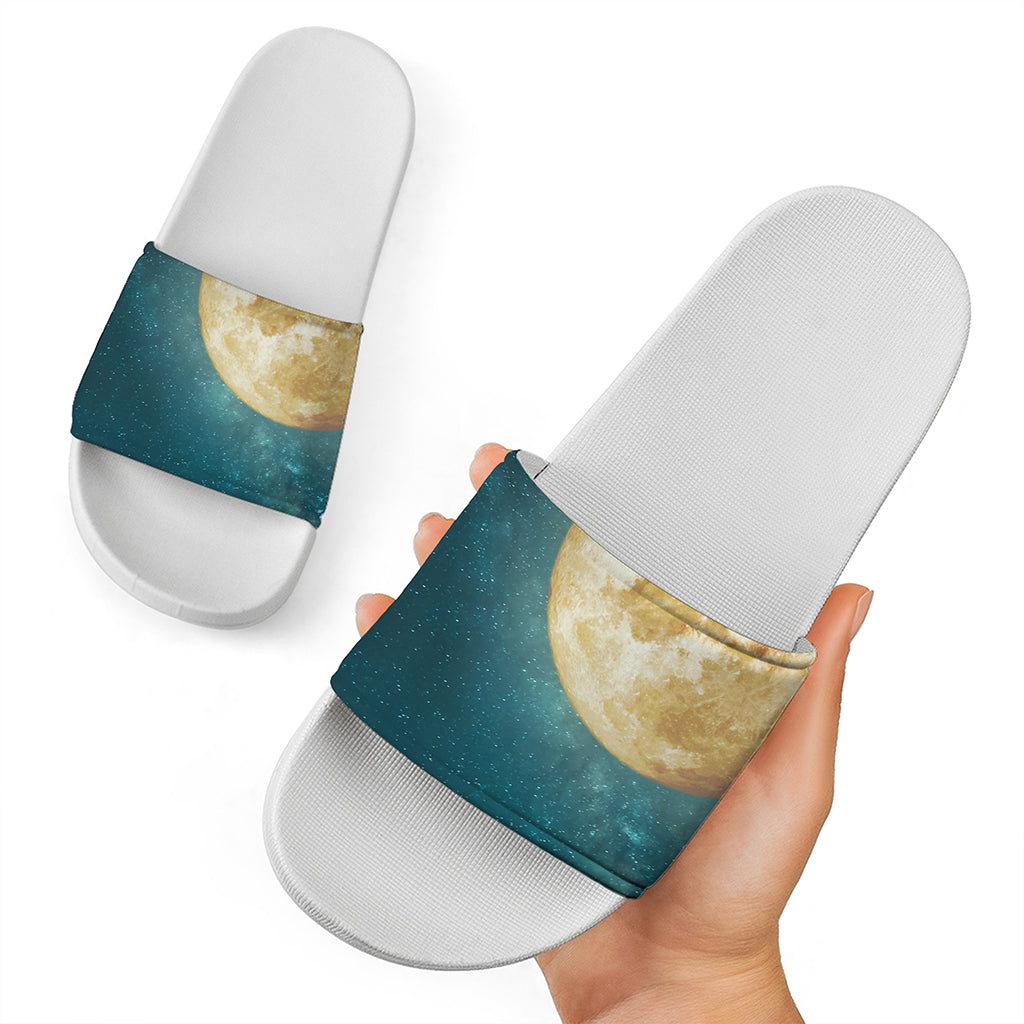 Autumn Full Moon Print White Slide Sandals