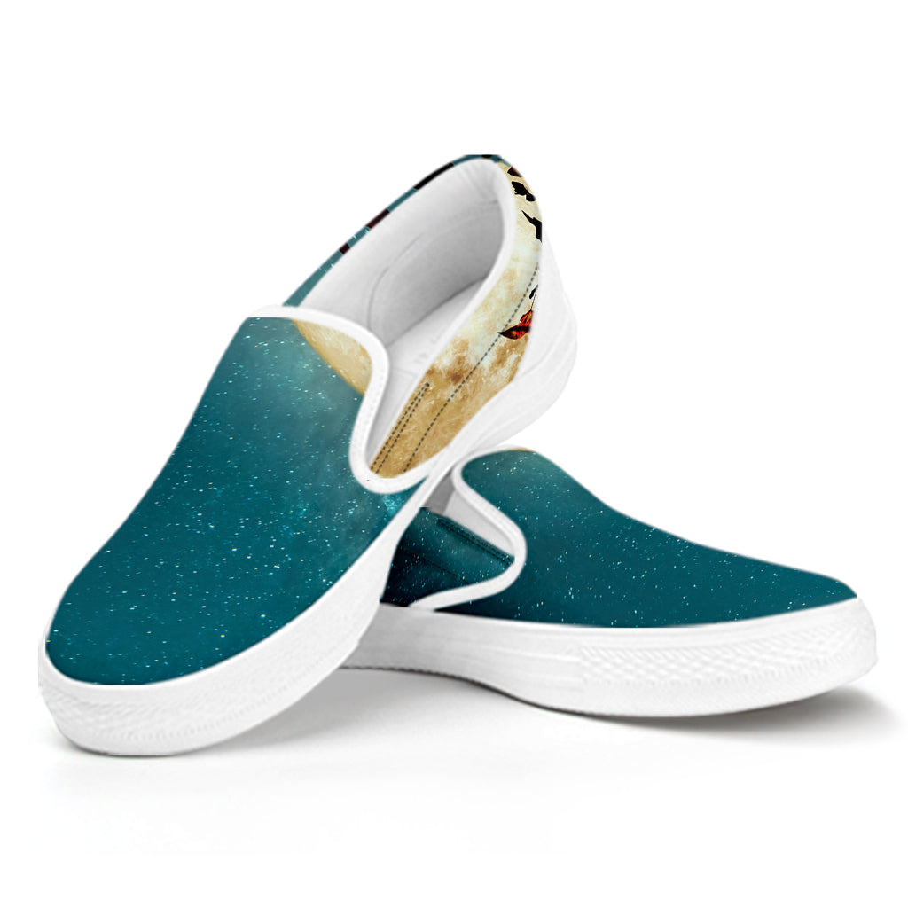 Autumn Full Moon Print White Slip On Shoes