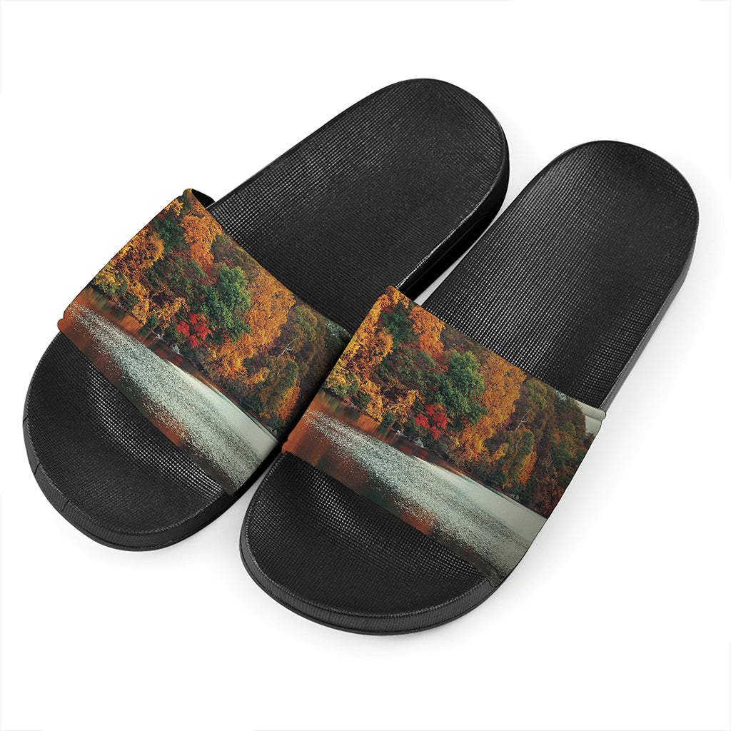 Autumn Lake Print Black Slide Sandals