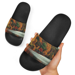 Autumn Lake Print Black Slide Sandals