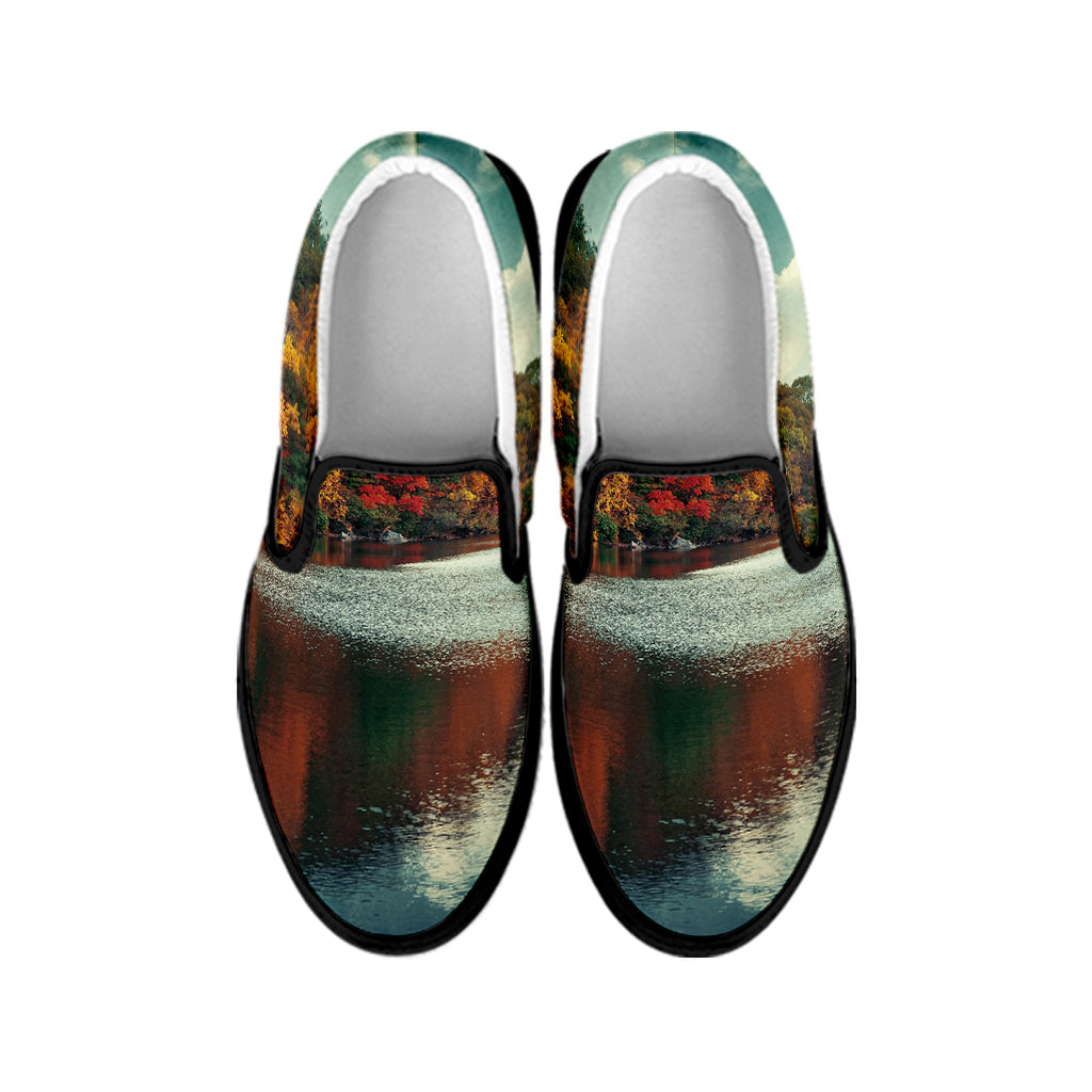 Autumn Lake Print Black Slip On Shoes