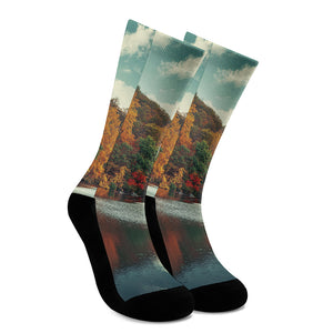 Autumn Lake Print Crew Socks