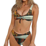 Autumn Lake Print Front Bow Tie Bikini