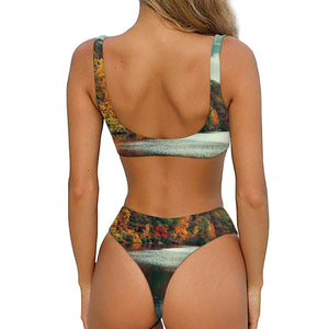 Autumn Lake Print Front Bow Tie Bikini