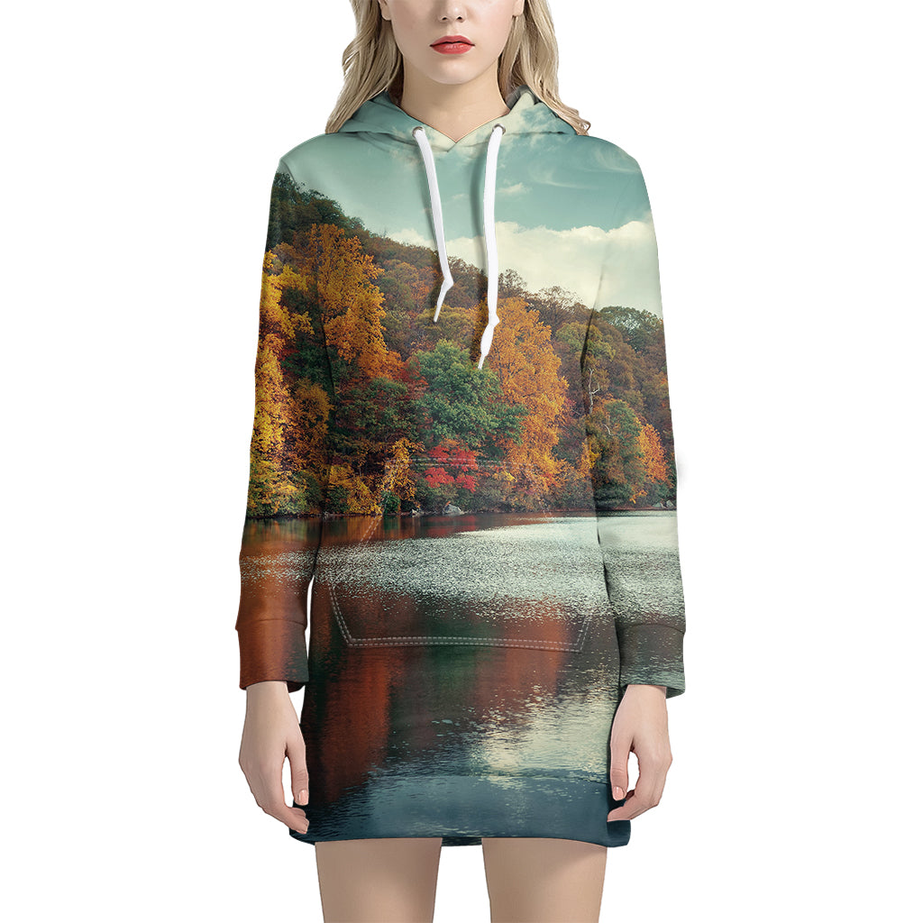 Autumn Lake Print Hoodie Dress