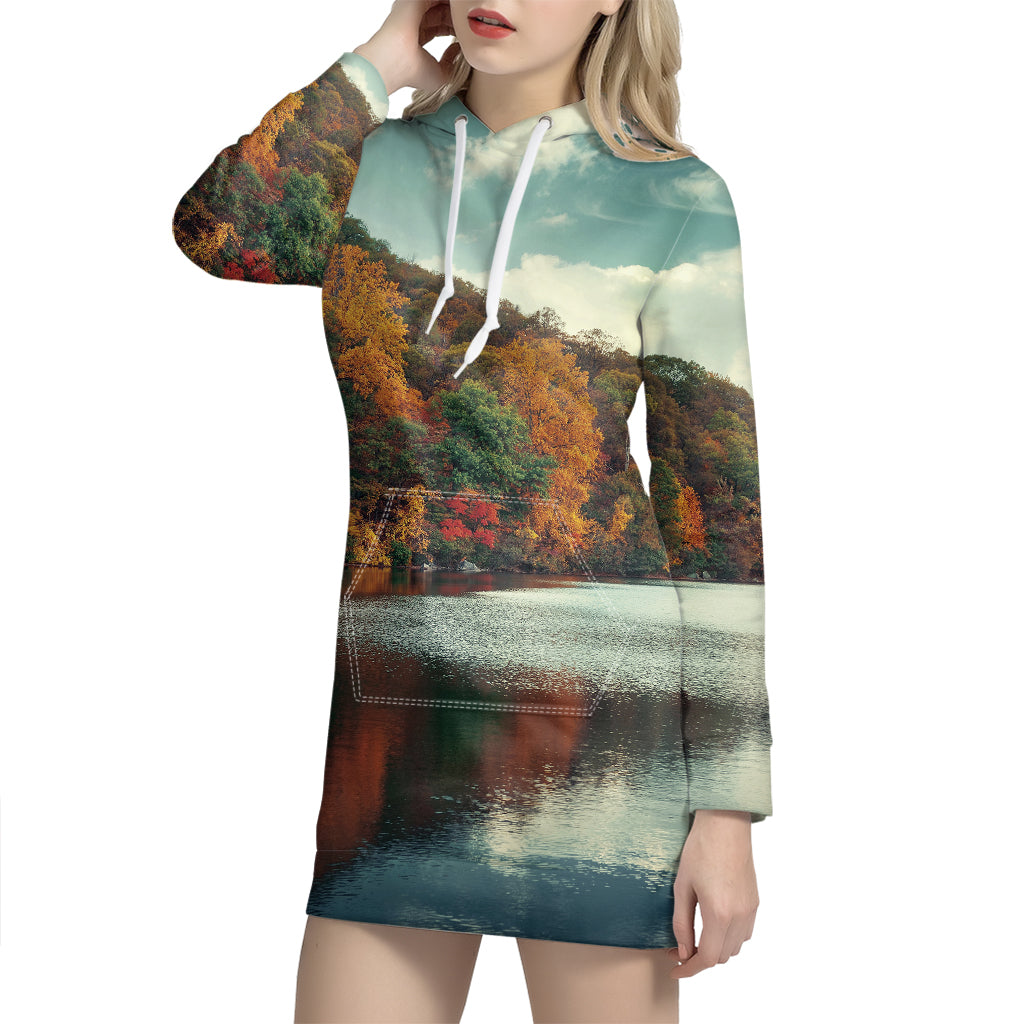 Autumn Lake Print Hoodie Dress