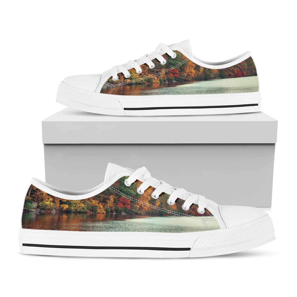 Autumn Lake Print White Low Top Shoes