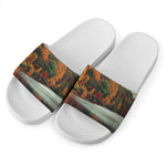 Autumn Lake Print White Slide Sandals