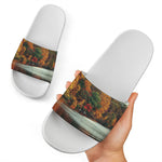 Autumn Lake Print White Slide Sandals