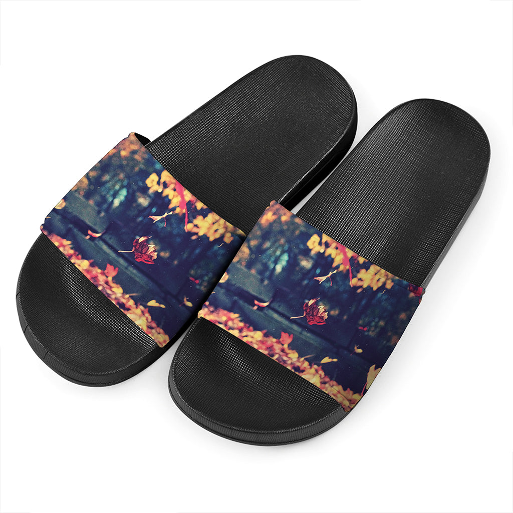 Autumn Leaves Print Black Slide Sandals