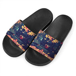 Autumn Leaves Print Black Slide Sandals