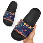 Autumn Leaves Print Black Slide Sandals