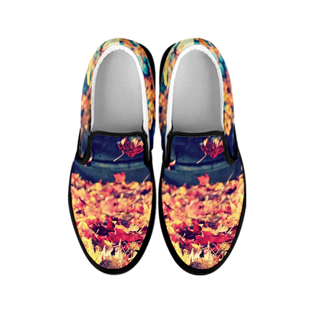 Autumn Leaves Print Black Slip On Shoes