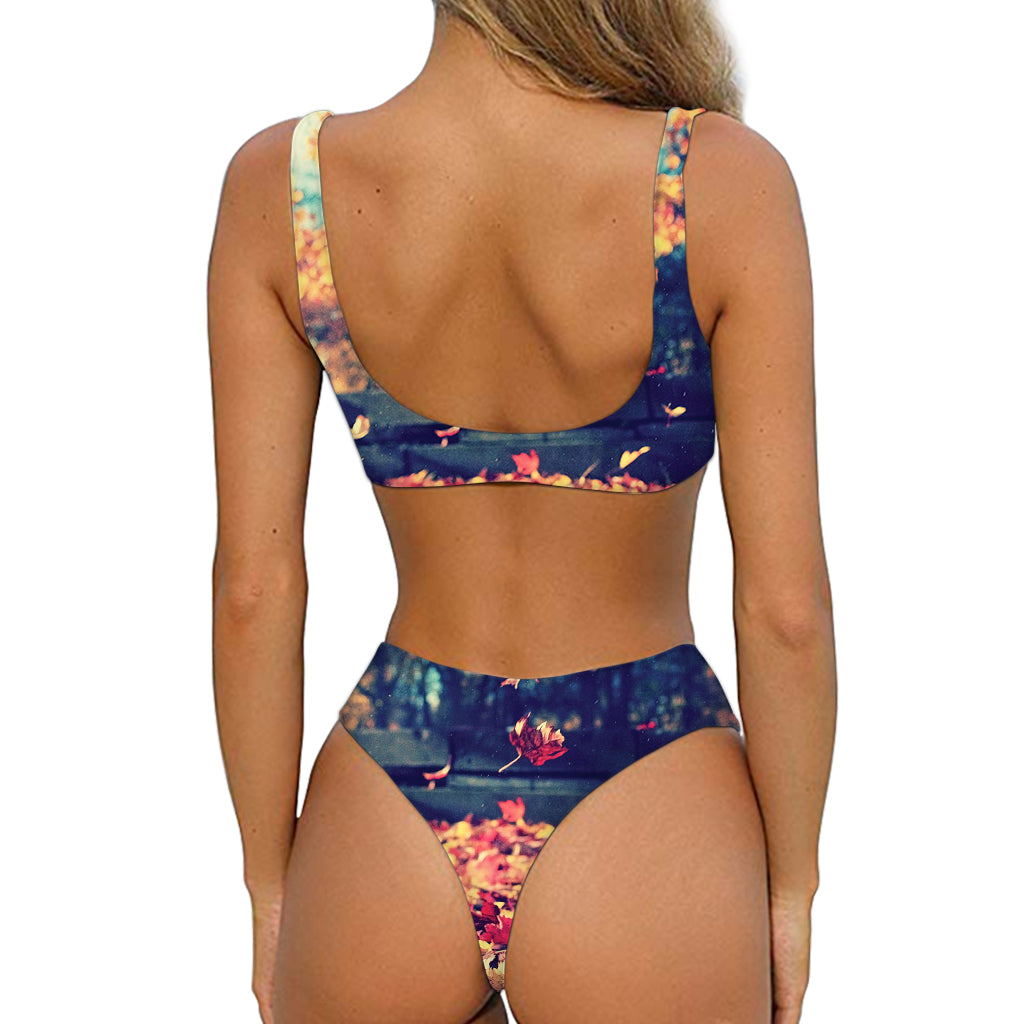 Autumn Leaves Print Front Bow Tie Bikini