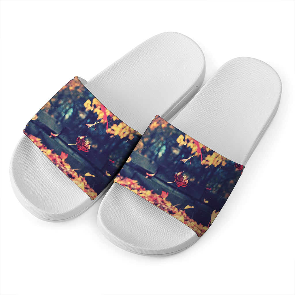 Autumn Leaves Print White Slide Sandals