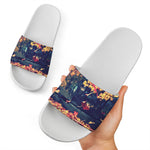 Autumn Leaves Print White Slide Sandals