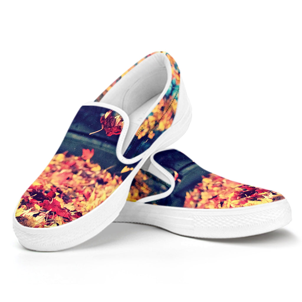 Autumn Leaves Print White Slip On Shoes