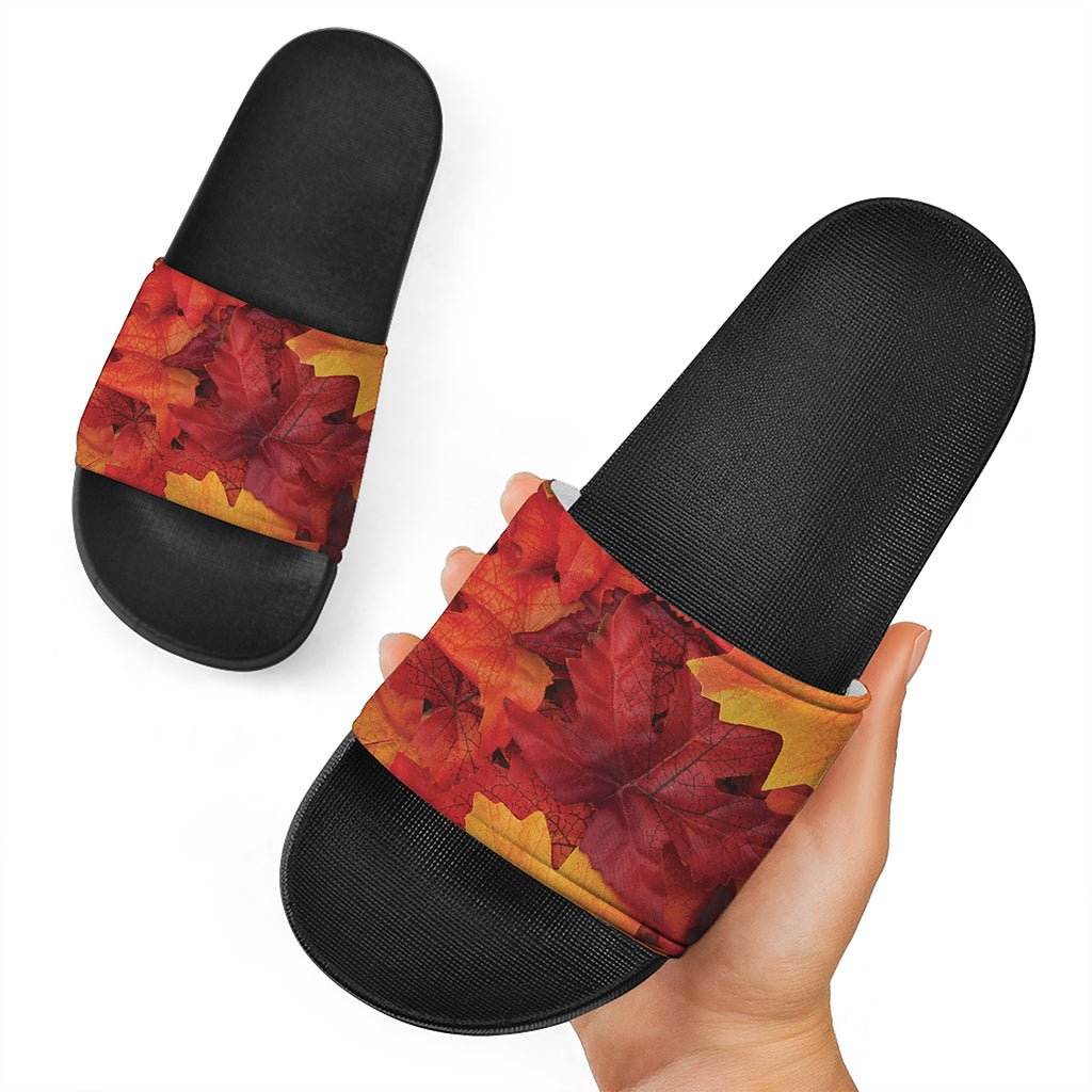 Autumn Maple Leaf Print Black Slide Sandals