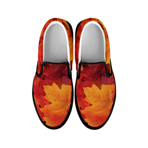 Autumn Maple Leaf Print Black Slip On Shoes