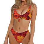 Autumn Maple Leaf Print Front Bow Tie Bikini