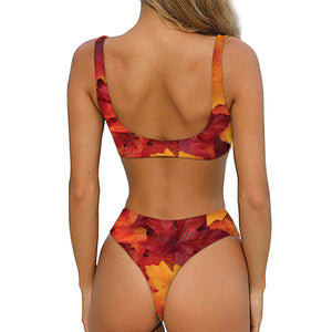 Autumn Maple Leaf Print Front Bow Tie Bikini