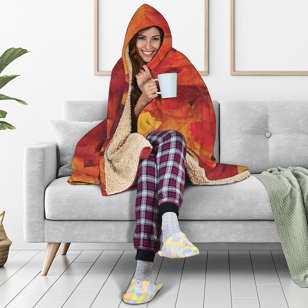 Autumn Maple Leaf Print Hooded Blanket