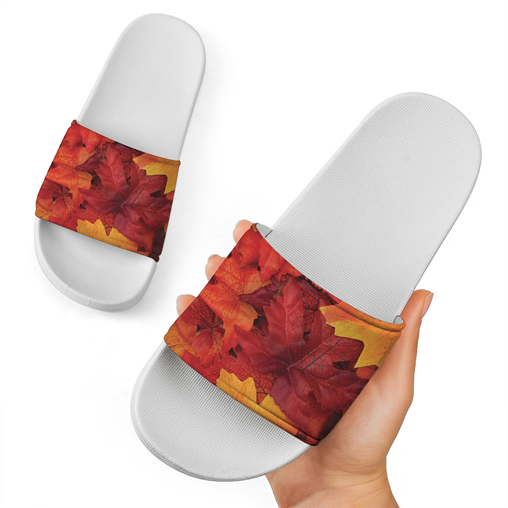 Autumn Maple Leaf Print White Slide Sandals