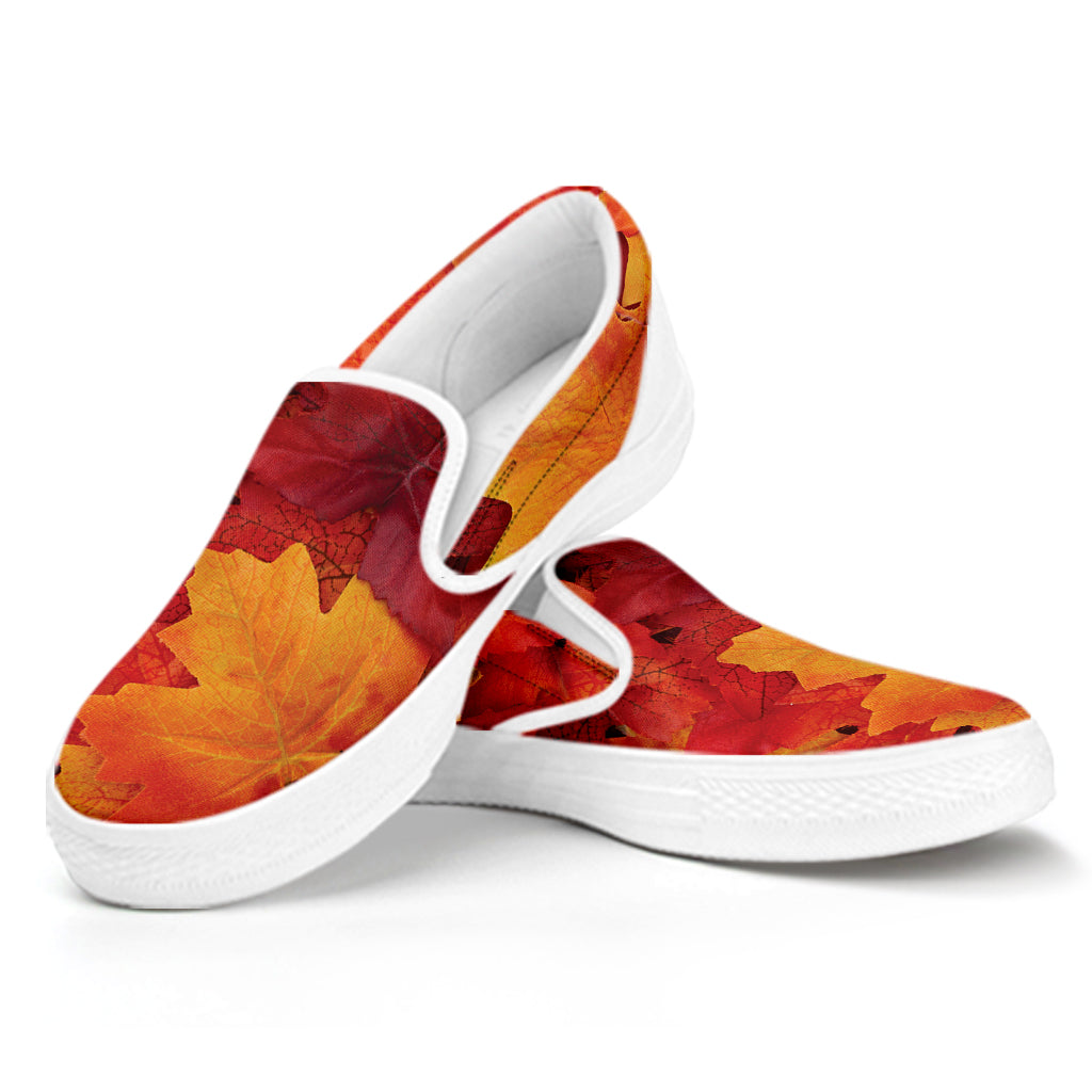 Autumn Maple Leaf Print White Slip On Shoes