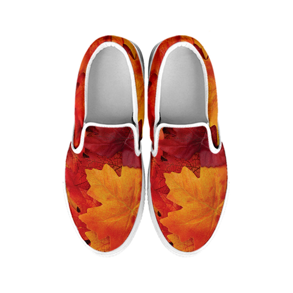 Autumn Maple Leaf Print White Slip On Shoes