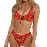 Autumn Maple Leaves Pattern Print Front Bow Tie Bikini