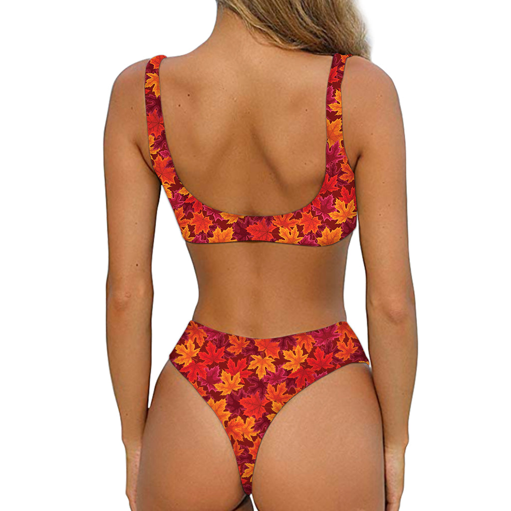 Autumn Maple Leaves Pattern Print Front Bow Tie Bikini