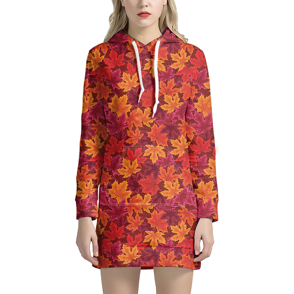 Autumn Maple Leaves Pattern Print Hoodie Dress