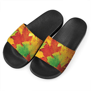 Autumn Maple Leaves Print Black Slide Sandals