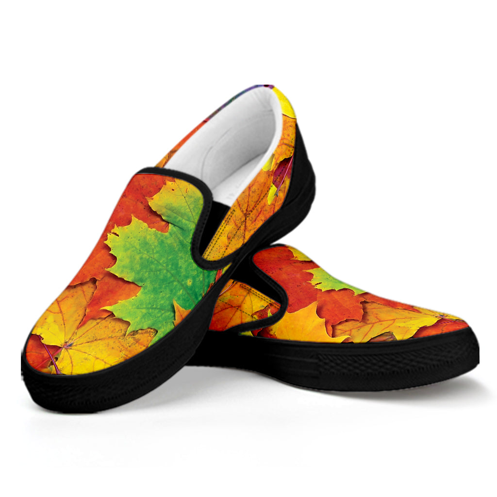 Autumn Maple Leaves Print Black Slip On Shoes