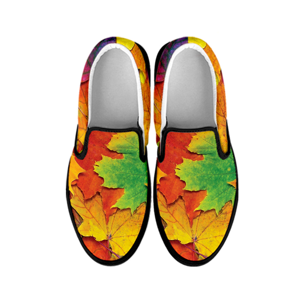 Autumn Maple Leaves Print Black Slip On Shoes