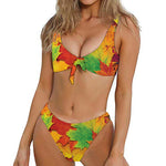 Autumn Maple Leaves Print Front Bow Tie Bikini