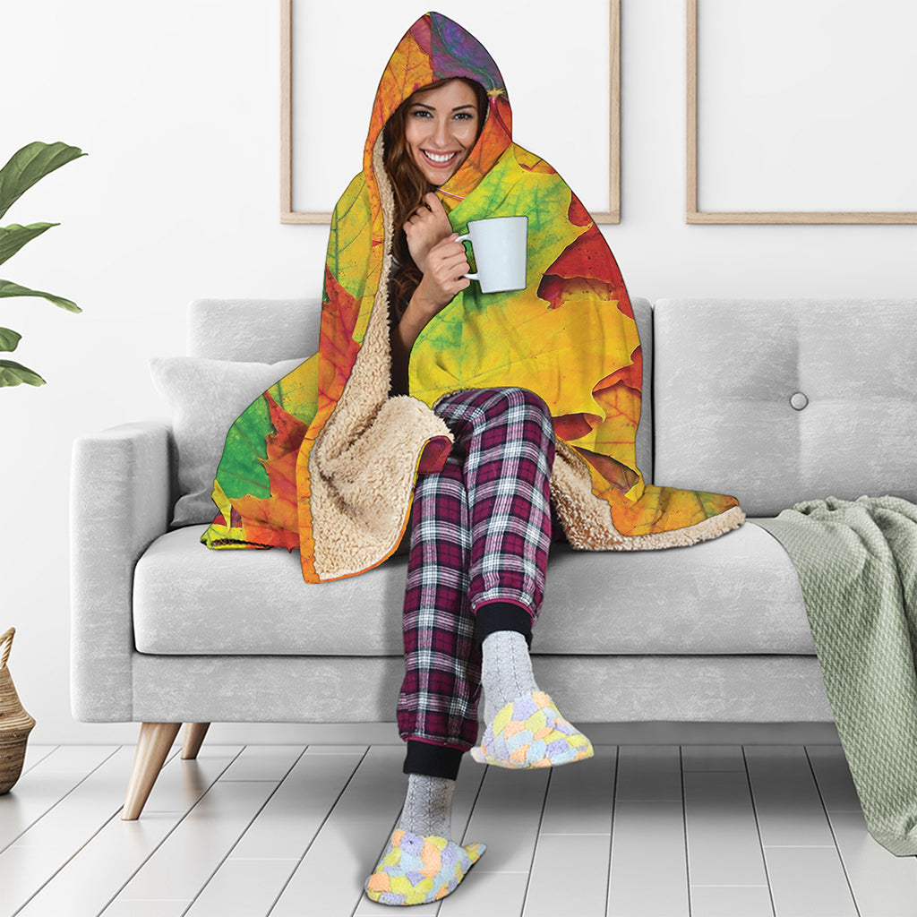 Autumn Maple Leaves Print Hooded Blanket