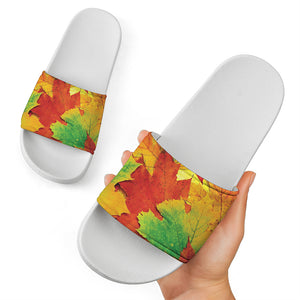 Autumn Maple Leaves Print White Slide Sandals