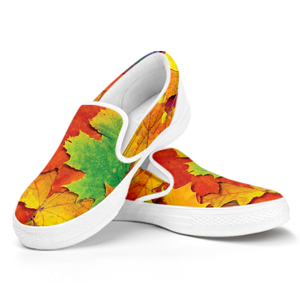 Autumn Maple Leaves Print White Slip On Shoes