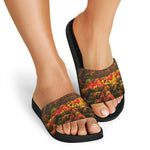 Autumn Mountain Print Black Slide Sandals