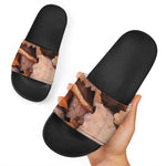 Autumn Oak leaf Print Black Slide Sandals