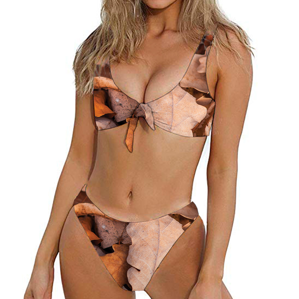 Autumn Oak leaf Print Front Bow Tie Bikini