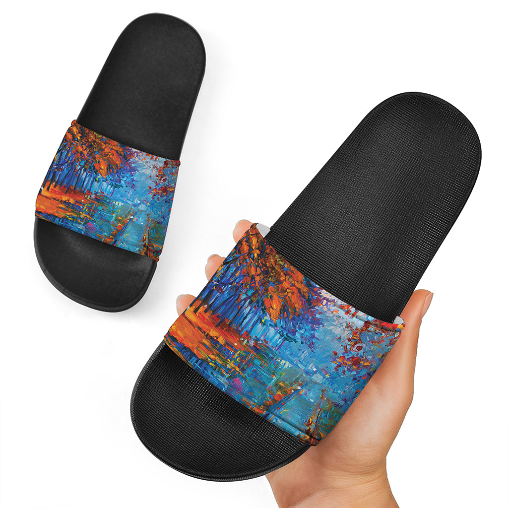 Autumn Painting Print Black Slide Sandals